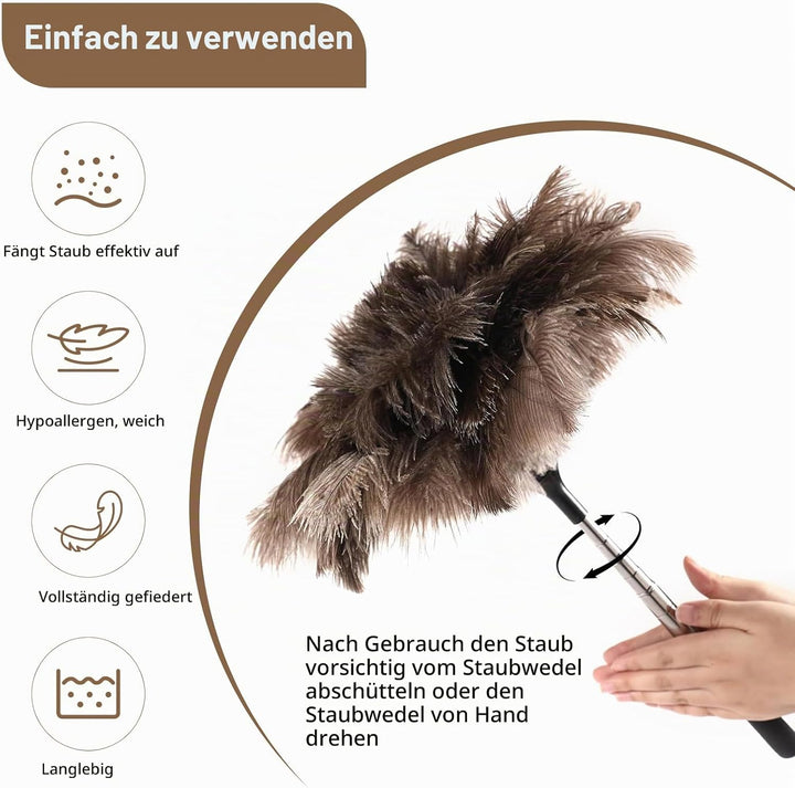 Teleskop Staubwedel Straussenfedern, Staubwedel Lang ausziehbar mit Edelstahlgriff, Straussenfedern,