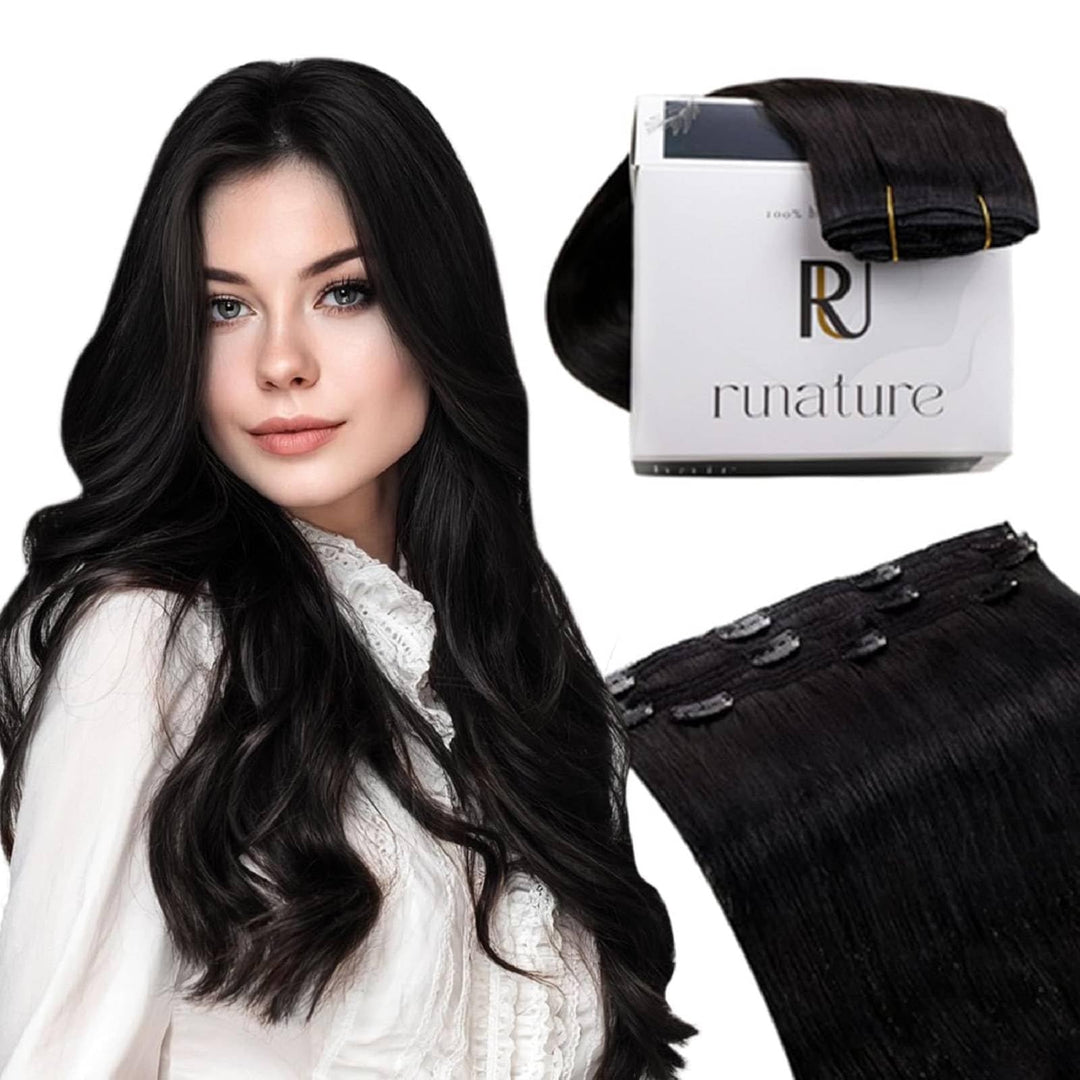 RUNATURE Echthaar Extensions Clip Schwarz 25cm Glatt Menschliches Haar Clip in Extensions Echthaar N