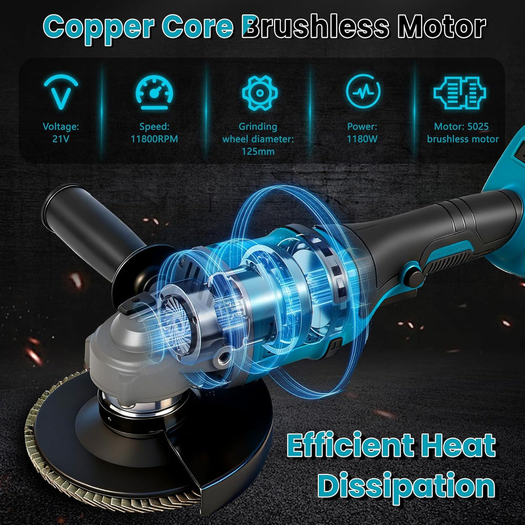 Winkelschleifer Kompatibel mit Makita 18V Akkus, Akku Winkelschleifer 125mm, 1180W Akku Flex Bürsten