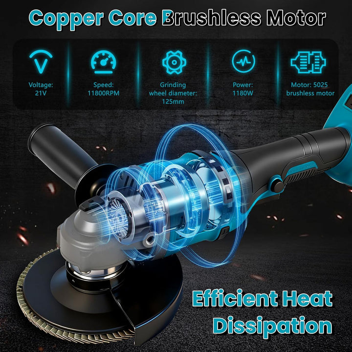 Winkelschleifer Kompatibel mit Makita 18V Akkus, Akku Winkelschleifer 125mm, 1180W Akku Flex Bürsten
