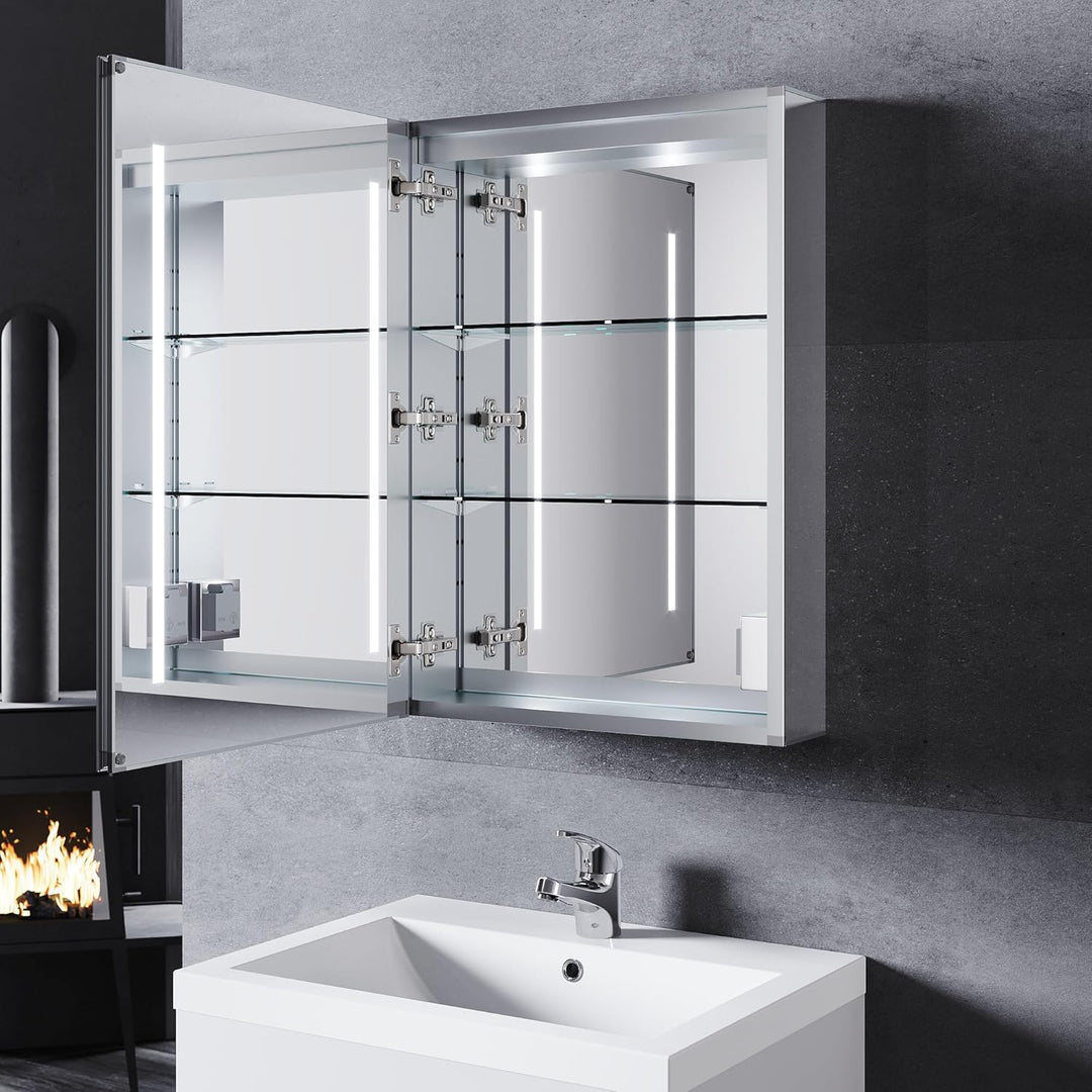 SONNI LED Spiegelschrank mit Beleuchtung 50 × 70cm Aluminium beschlagfrei Kabelloses Scharnier Desig