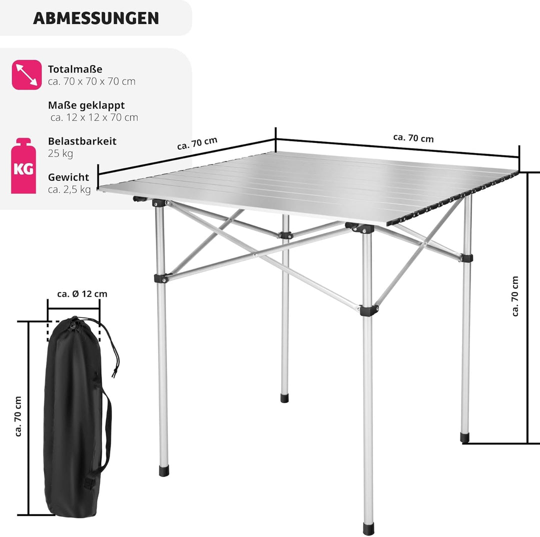 tectake® Camping Klapptisch, 70x70x70 cm, Kleiner Gartentisch, Beistelltisch, Balkontisch, Campingti