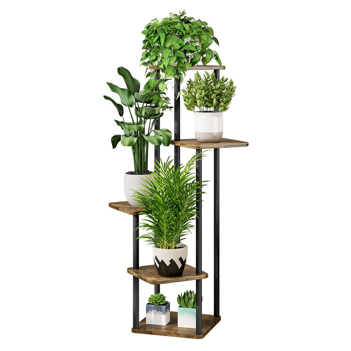 Allyson® Blumenständer mit 5 Ebenen – Pflanzenständer aus Metall & Holz, Pflanzenregal Modernes Rega