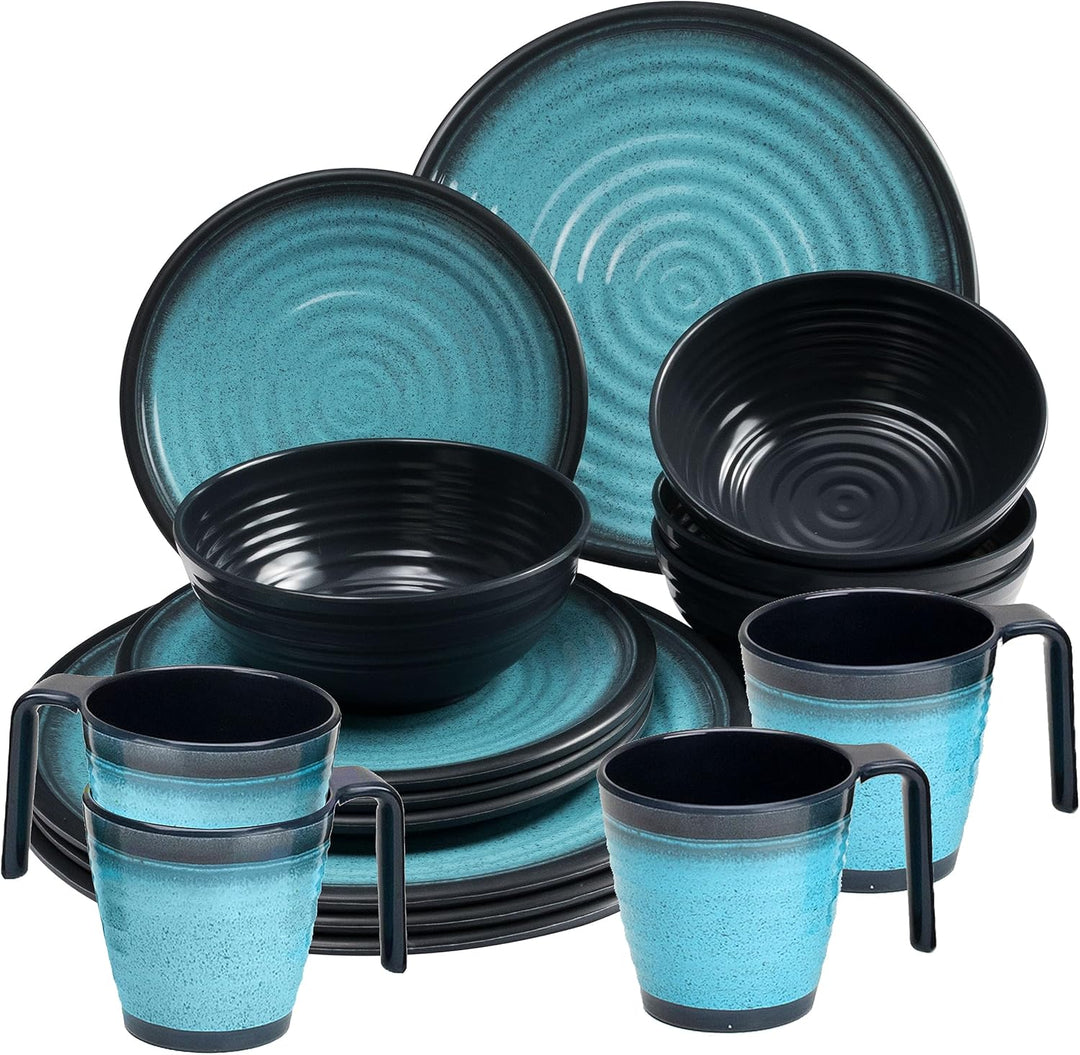 Melamin Geschirrset für 4 Personen blau schwarz - 20 Teile - mit Tassen und blauen Trinkgläsern 320