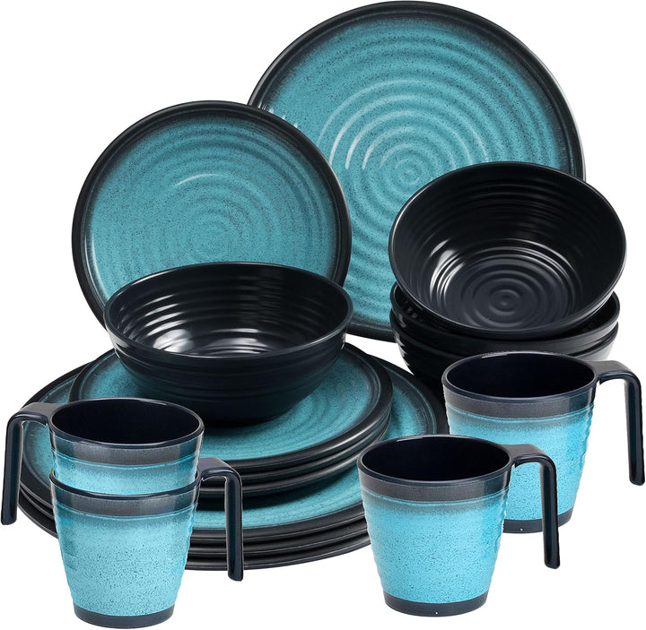 Melamin Geschirrset für 4 Personen blau schwarz - 20 Teile - mit Tassen und blauen Trinkgläsern 320
