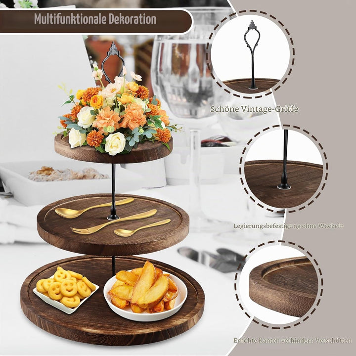 Etagere 3 Etagen, Tortenständer Holz, Cupcake Ständer mit Metallgriff, Kuchenständer Kuchenplatte, O
