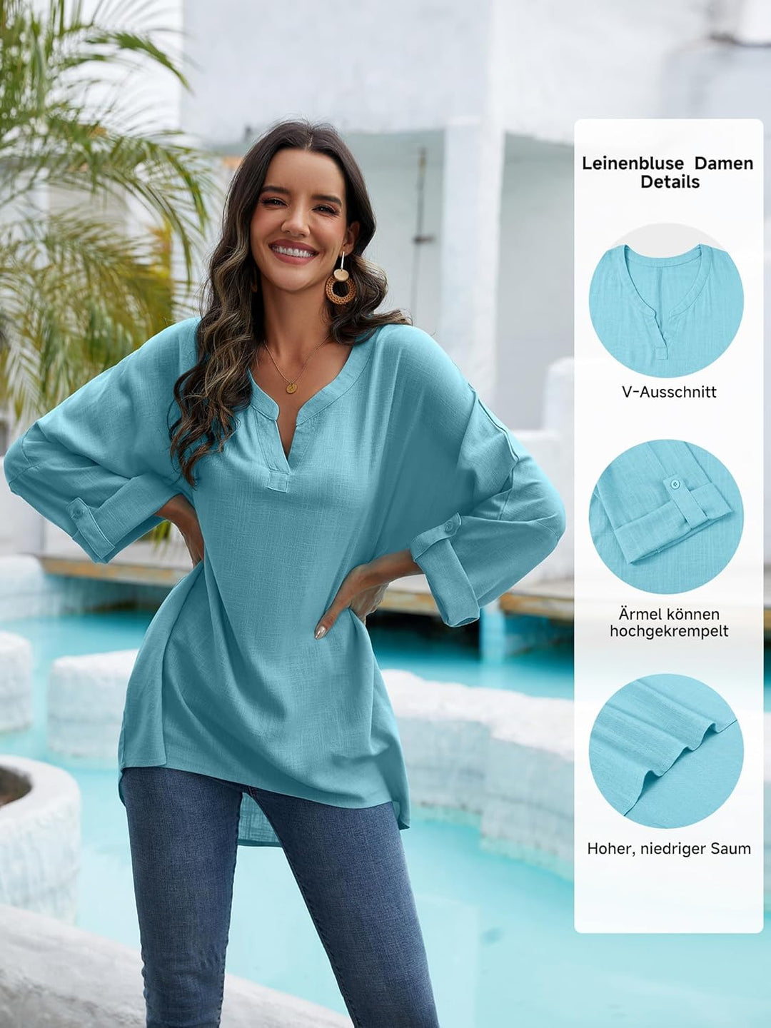 Leinenbluse Damen Bluse Damen Sommer Tunika V-Ausschnitt Grosse Grössen Blusenshirt Damen Langarmshi