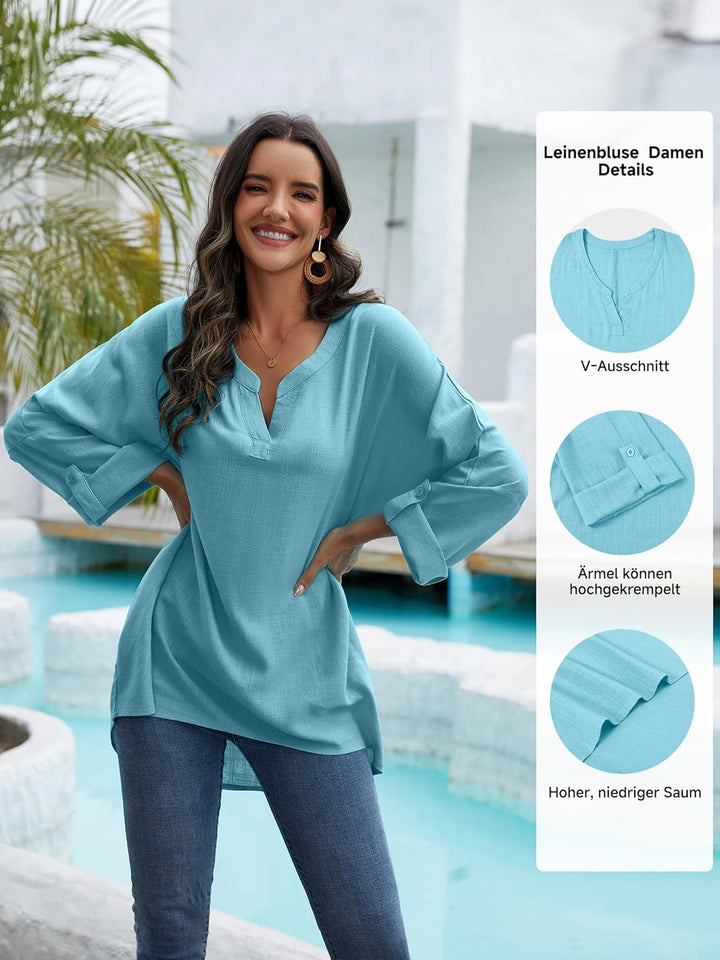 Leinenbluse Damen Bluse Damen Sommer Tunika V-Ausschnitt Grosse Grössen Blusenshirt Damen Langarmshi