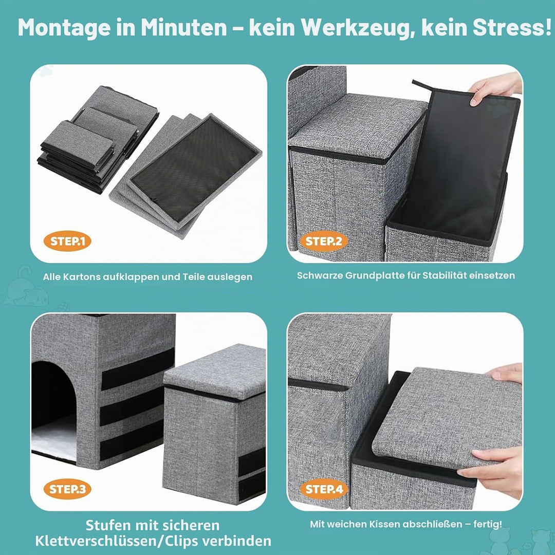 Hundetreppe für Kleine Hunde 3 Stufen - Haustiertreppe mit Stauraum - Breite Dog Stairs Faltbare mit