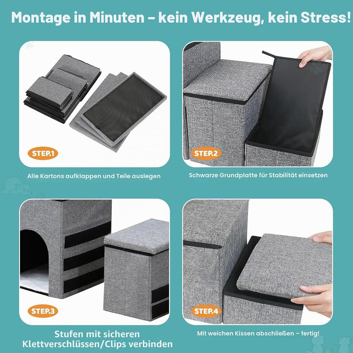 Hundetreppe für Kleine Hunde 3 Stufen - Haustiertreppe mit Stauraum - Breite Dog Stairs Faltbare mit