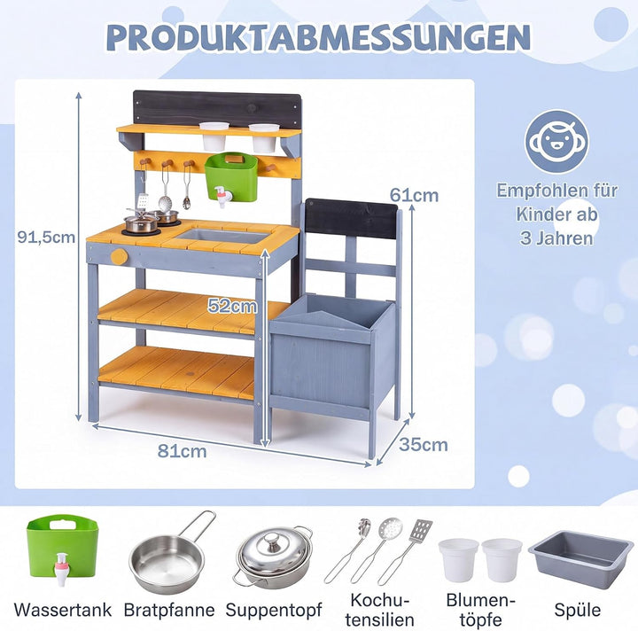 COSTWAY Matschküche Kinder Outdoor, Spielküche mit Wassertank &amp; Wasserhahn