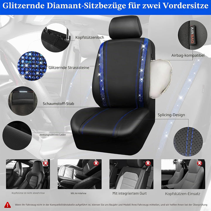 CAR PASS Wasserdicht Leder Autositzbezüge, Bling Diamant Komplettset Sitzbezug, Glänzend Kristall Gl