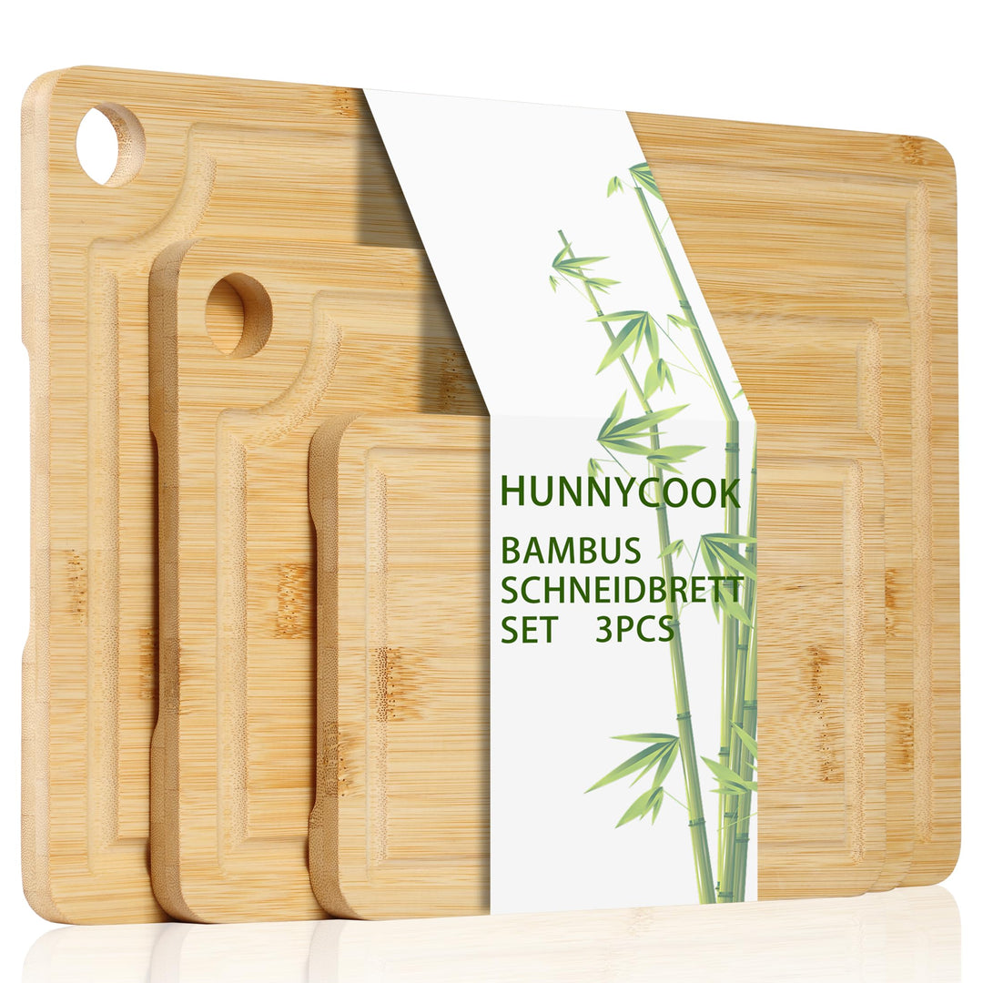 Hunnycook Schneidebrett Holz 3er-Set, Holzbrett Küche mit Tiefen Saftrillen und Eingebauten Griffen,