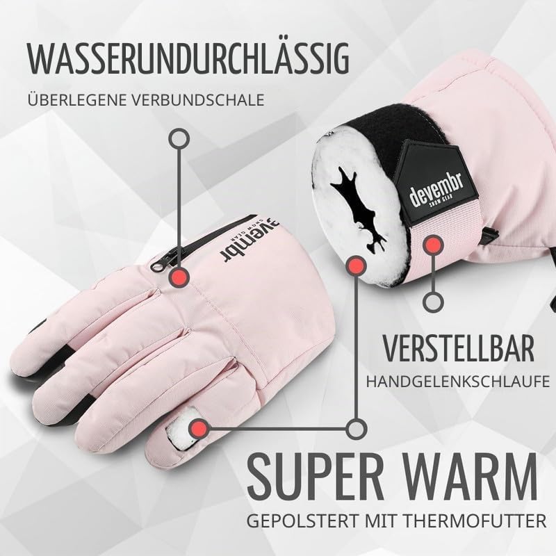 devembr Skihandschuhe mit Handgelenkschützern, Warme Snowboardhandschuhe für Herren und Damen