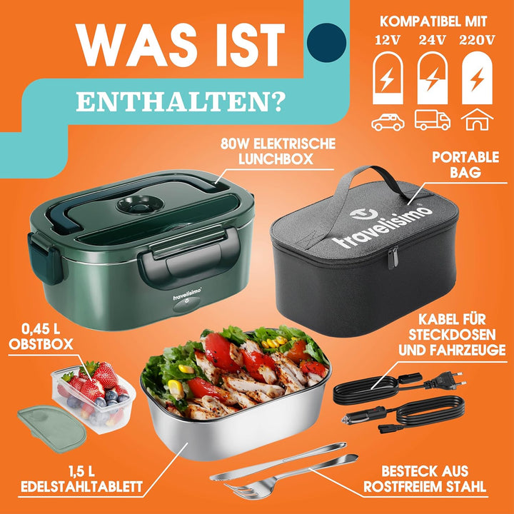 TRAVELISIMO Elektrische Lunchbox 3-in-1 für Auto LKW und Arbeit, 12V+24V+220V, erhitzt Lebensmittel