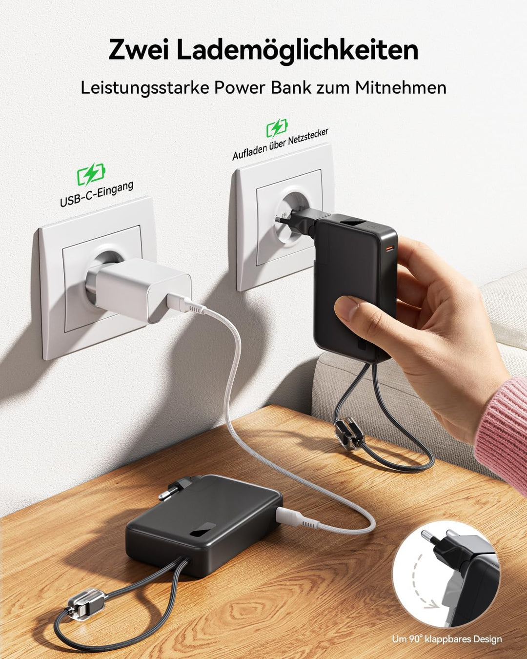 Power Bank 10000mAh, Powerbank für iPhone mit Integriertem Klappbaren EU-Stecker & Robuste USB-C & i