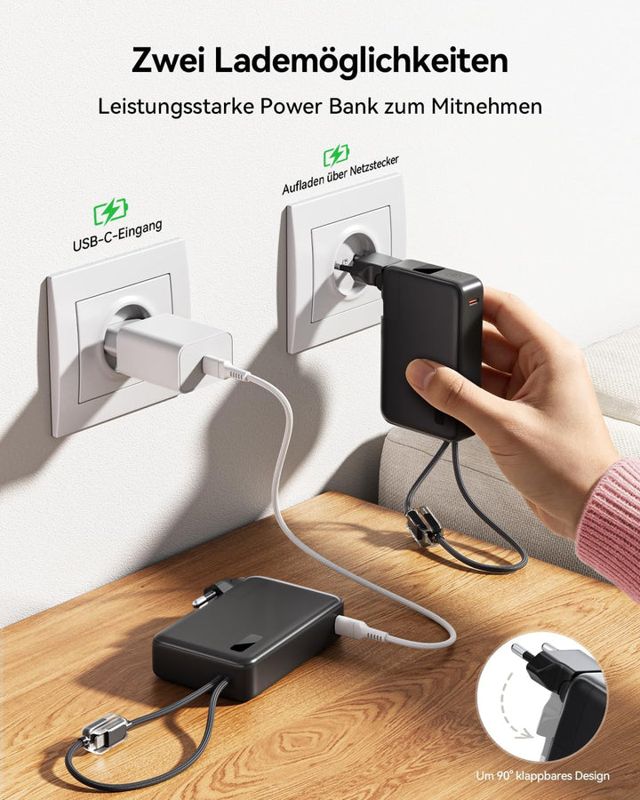 Power Bank 10000mAh, Powerbank für iPhone mit Integriertem Klappbaren EU-Stecker & Robuste USB-C & i
