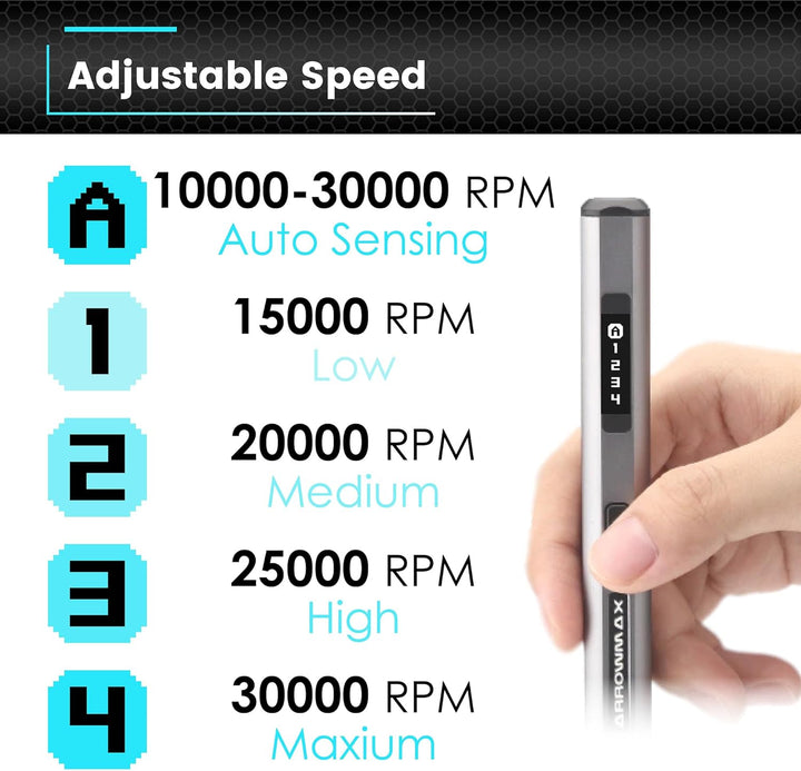 Elektrischer Mini-Gravierstift von ARROWMAX, HollowCup-Motor, 42 Bits mit Aluminiumgehäuse, OLED, ma