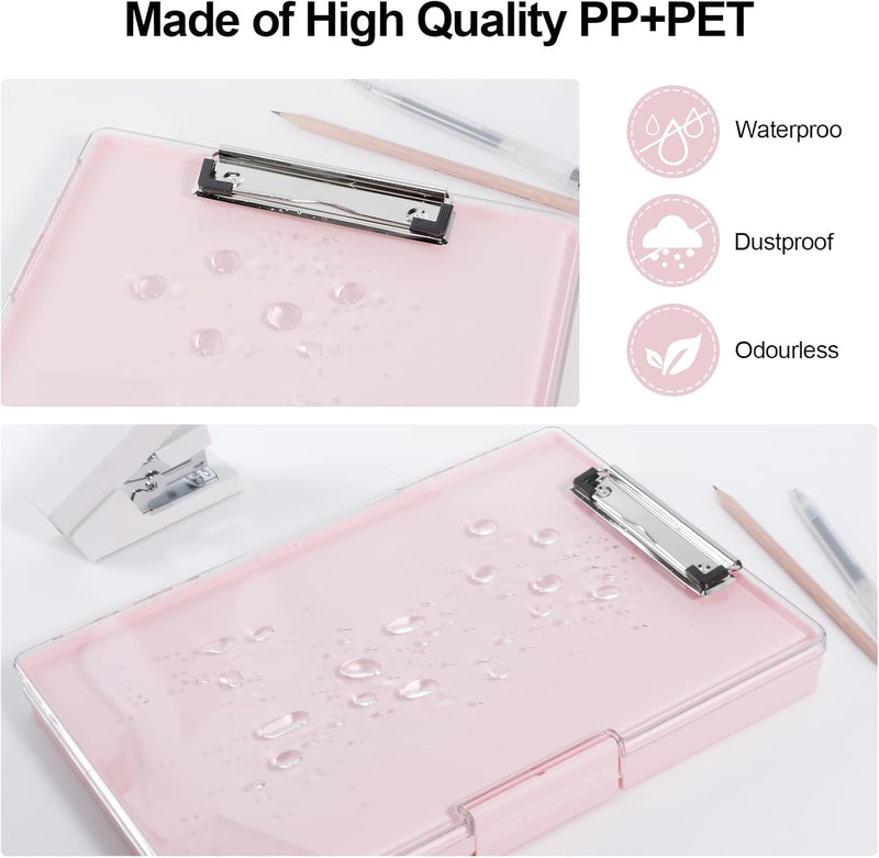 FRETONBA Klemmbrett a4 mit Aufbewahrungsfach, Rosa Kunststoff-Klemmbrett, Leichtes Zwischenablage, T