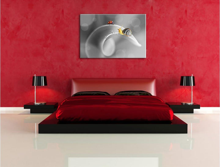 Pixxprint eine Schnecke und Marienkäfer als Leinwandbild | Grösse: 100x70 cm | Wandbild | Kunstdruck