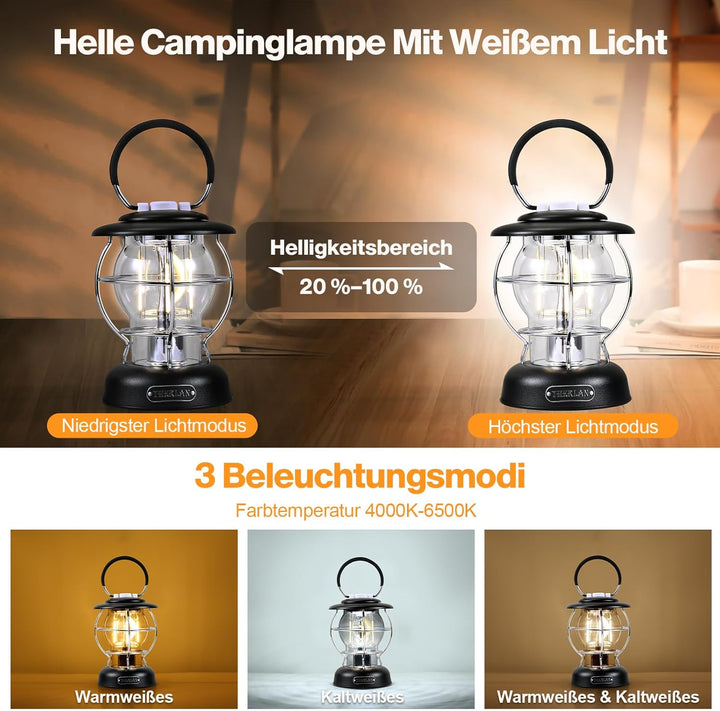 Therlan campinglampe, Retro Camping Laterne, (320LM, IP44, 5000mAh, bis zu 180h) 3 Helligkeiten Leuc