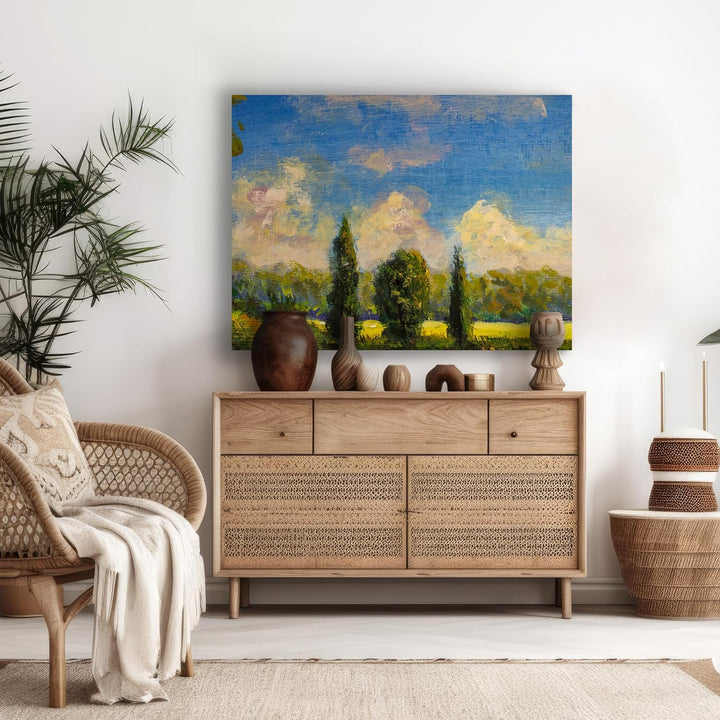 wandmotiv24 Leinwandbild Malerei, 60x45cm, Querformat, Wald, Wolken, Landschaft, Deko, Bilder auf Le