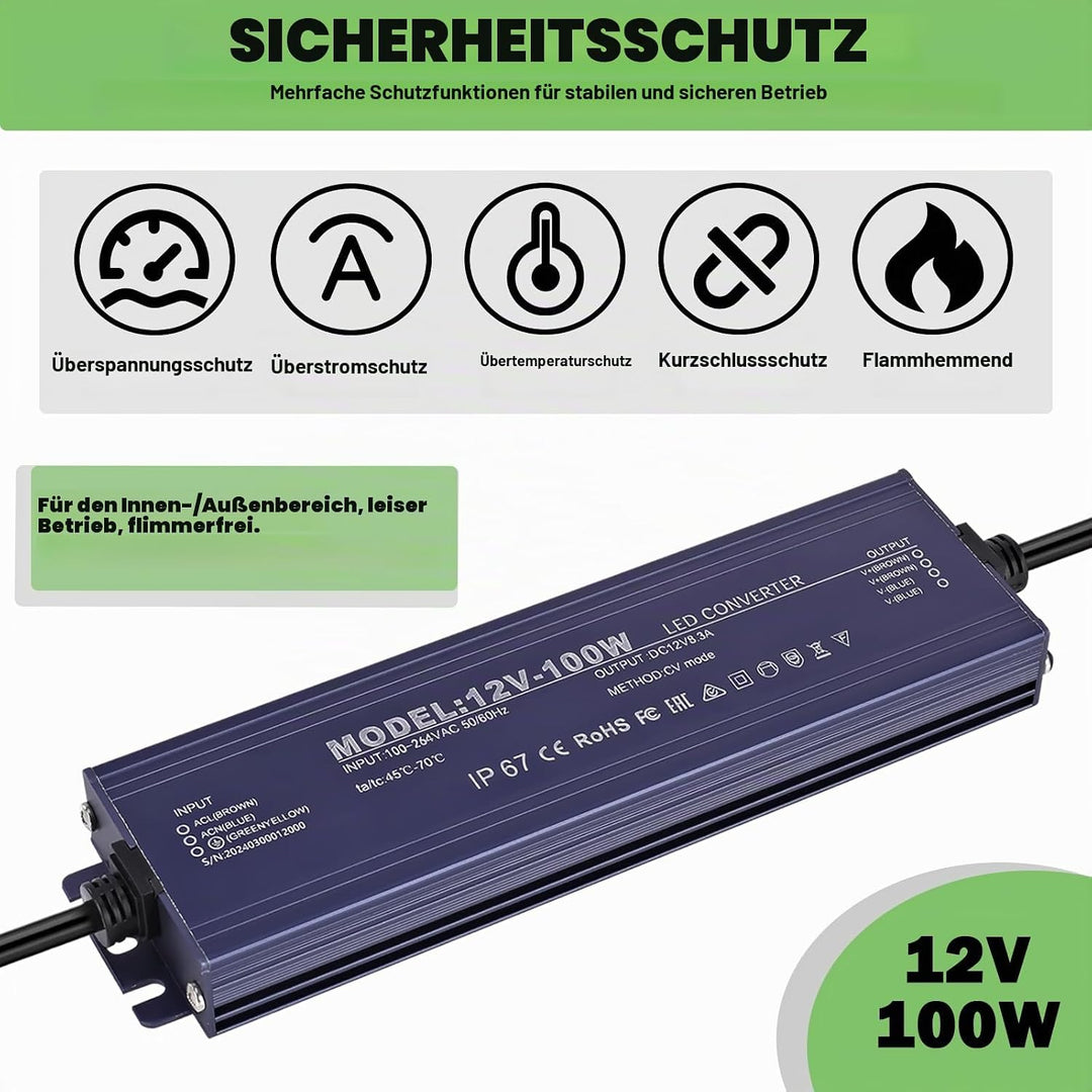 LED Trafo 12V 100W, IP67 Wasserdicht Transformator AC 100-264V auf DC 12V 8.3A LED Treiber, Ultradün