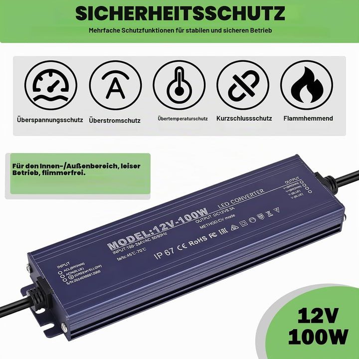LED Trafo 12V 100W, IP67 Wasserdicht Transformator AC 100-264V auf DC 12V 8.3A LED Treiber, Ultradün