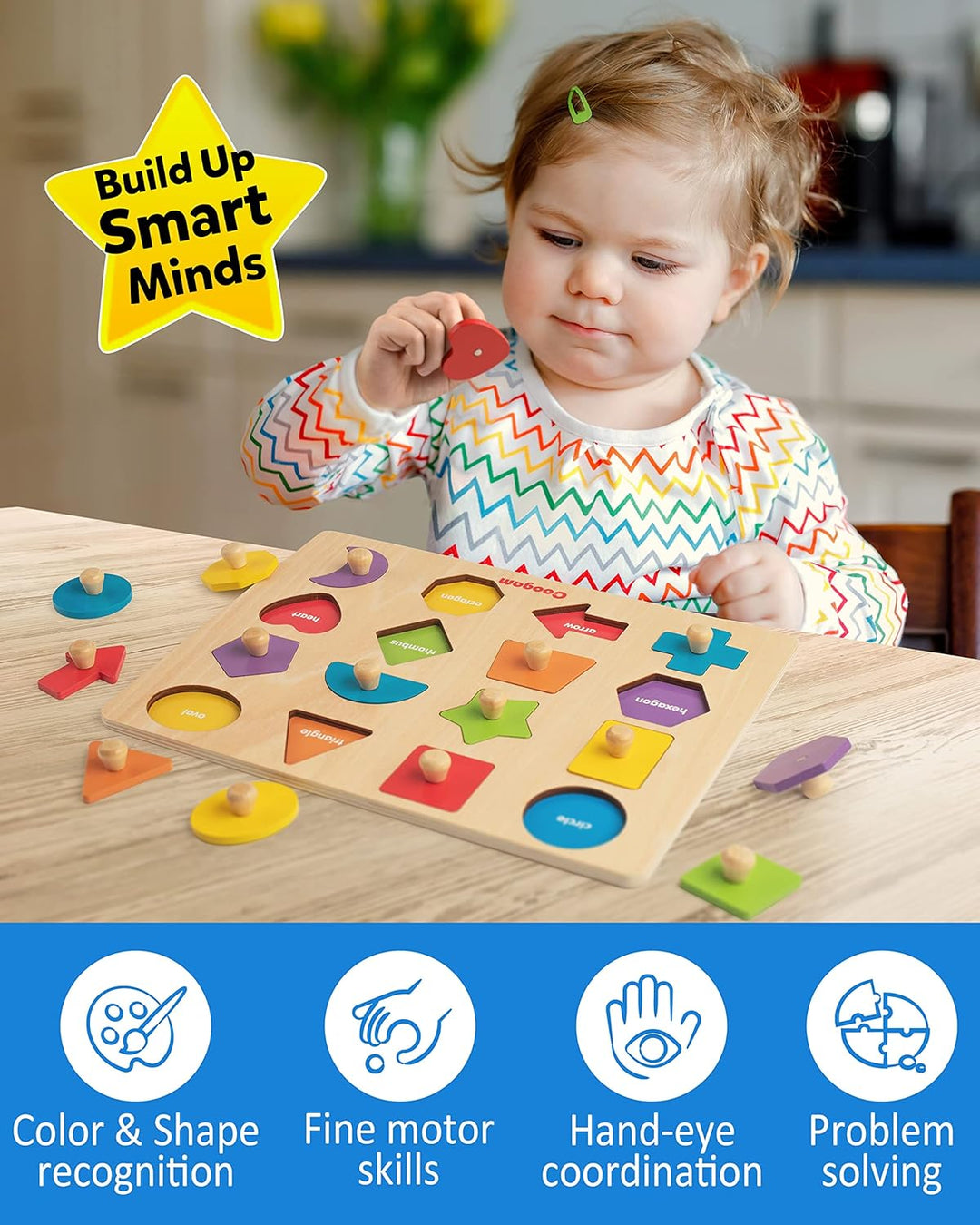 Coogam Montessori-Spielzeug, Holzform, Steckpuzzle, Feinmotorik, farblich passendes Sortierbrett, fr