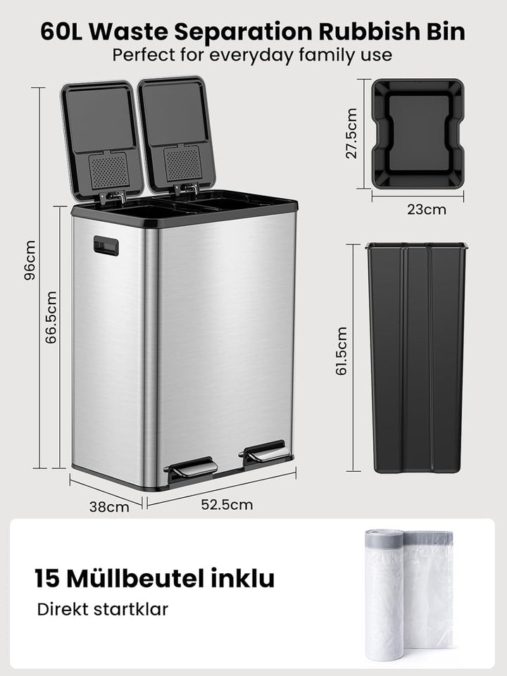 YEAUPE PRO Mülleimer Küche 60L Edelstahl, 2x30L Mülltrennsystem mit Softclose Deckel, Treteimer mit