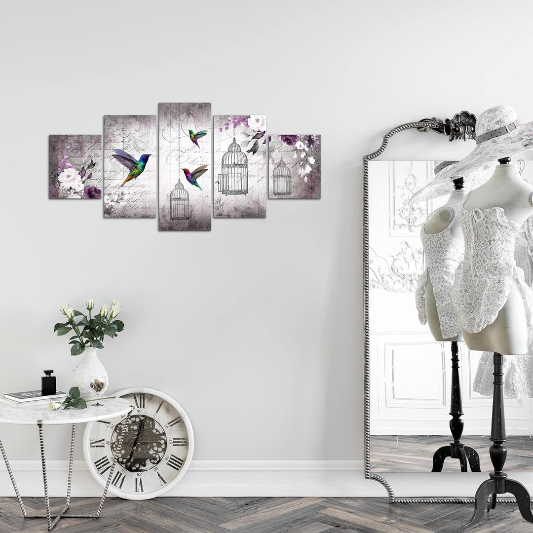Runa Art Wandbilder Vogel Vintage 5 Teilig Bild auf Vlies Leinwand Deko Wohnzimmer Schlafzimmer Blum