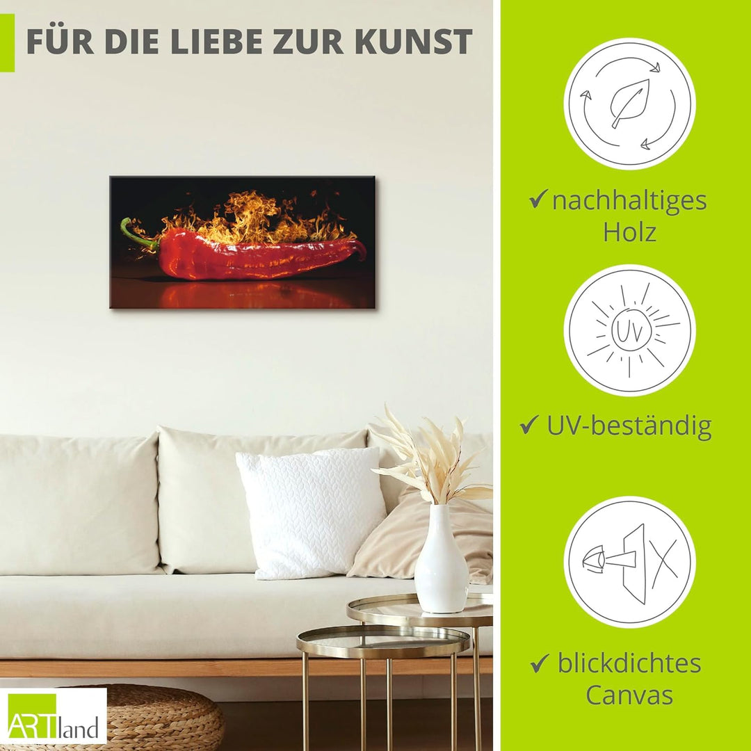 ARTland Leinwandbilder Wandbild Bild auf Leinwand 60x30 cm Chili Feuer Flammen Lebensmittel Essen Ge