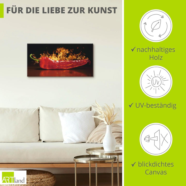 ARTland Leinwandbilder Wandbild Bild auf Leinwand 60x30 cm Chili Feuer Flammen Lebensmittel Essen Ge
