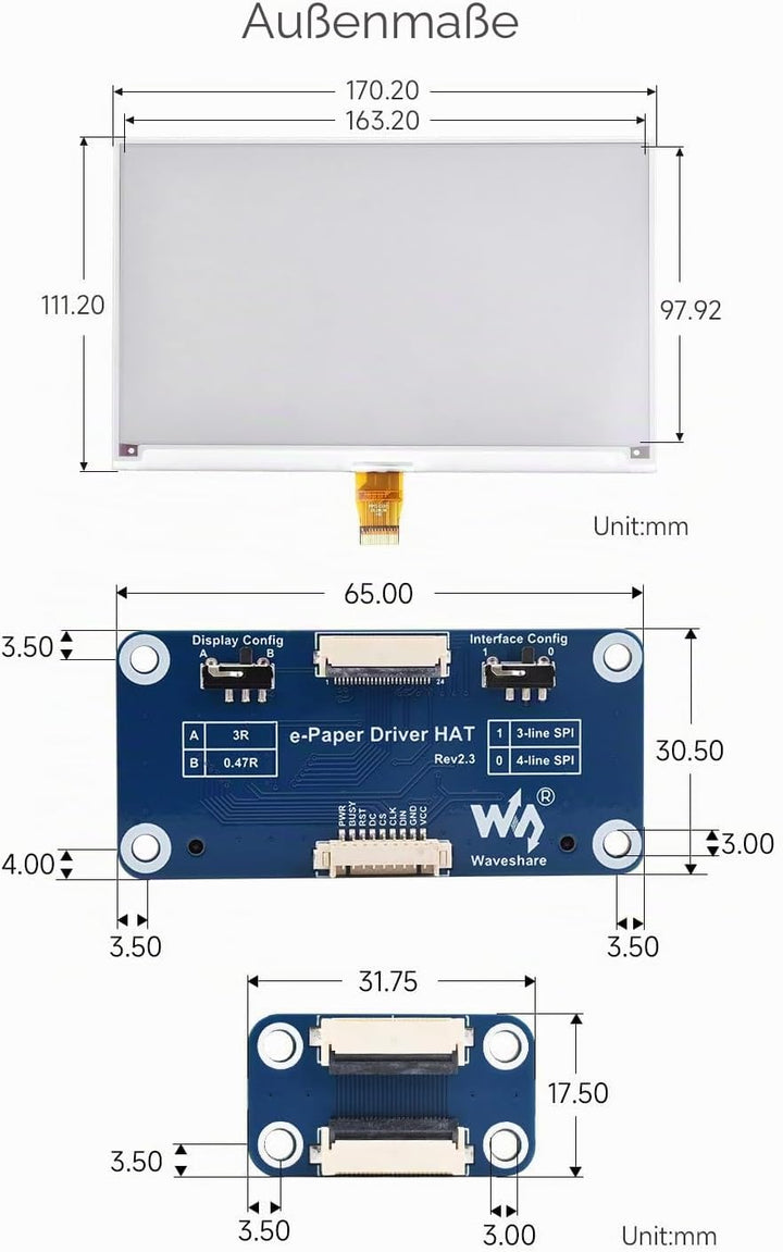 Waveshare 7.5inch E-Paper Display HAT (B) Module 800x480 Resolution 3.3v E-Ink Electronic Screen SPI