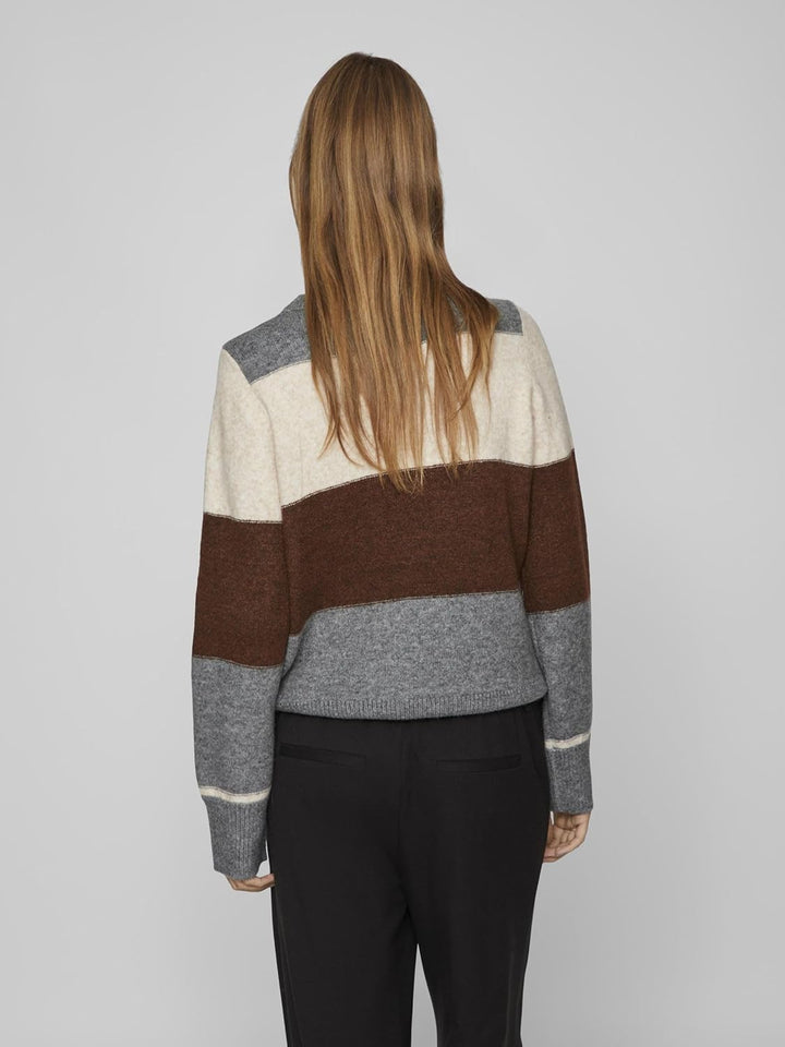 Vila Damen Viellie O-Neck L/S Stripe Knit Top Strickpullover M Grau, M Grau