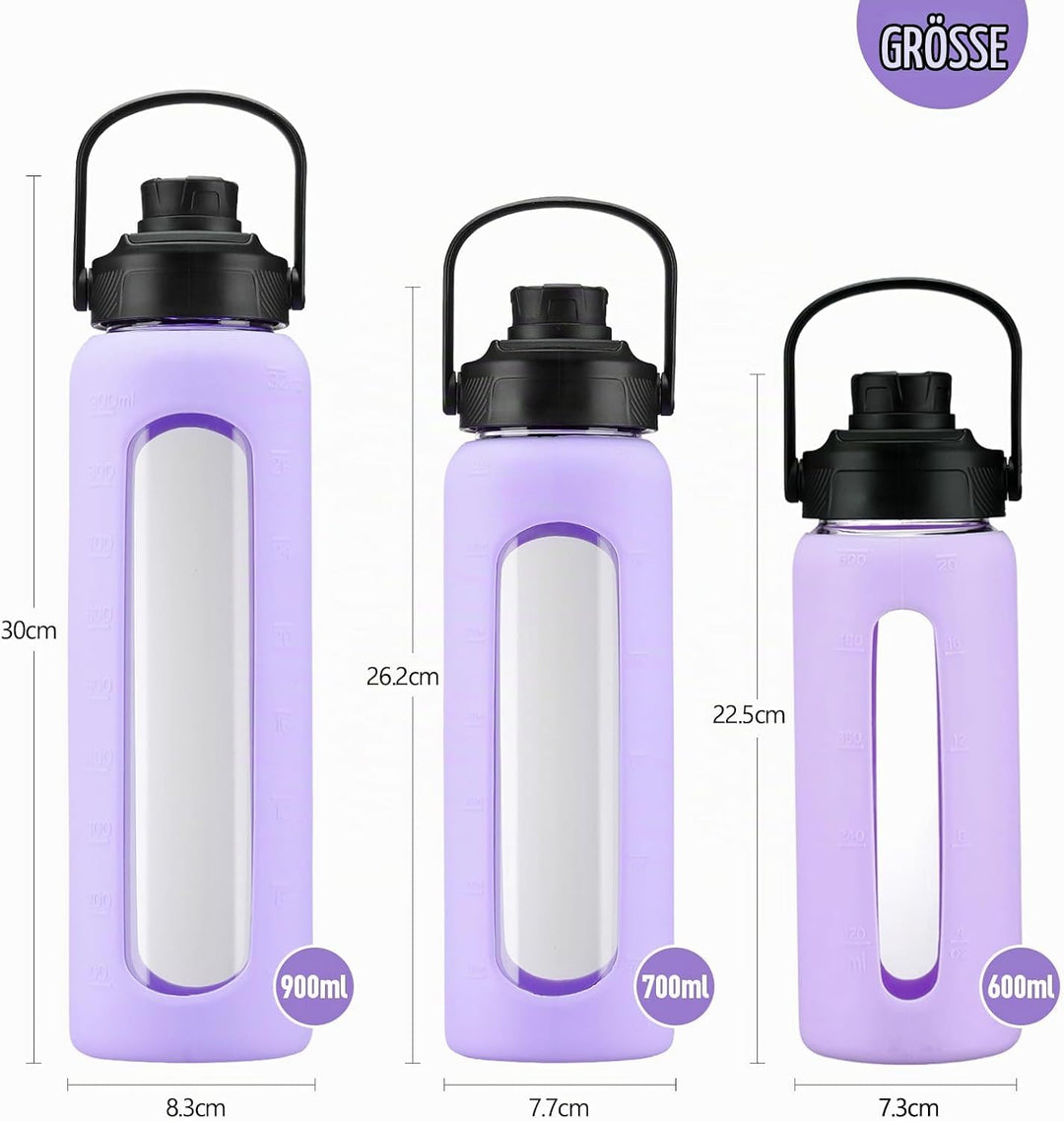 BLUEGO 600ml Glaswasserflasche mit Strohhalm und 2 Deckeln Kaffeetasse aus Glas mit Zeitmarkierung u