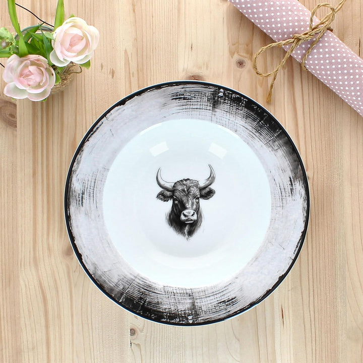 MamboCat 6er Set Toro Suppenteller I 200ml I weiss-rosa Porzellan-Teller mit Kuh Motiv für 6 Persone
