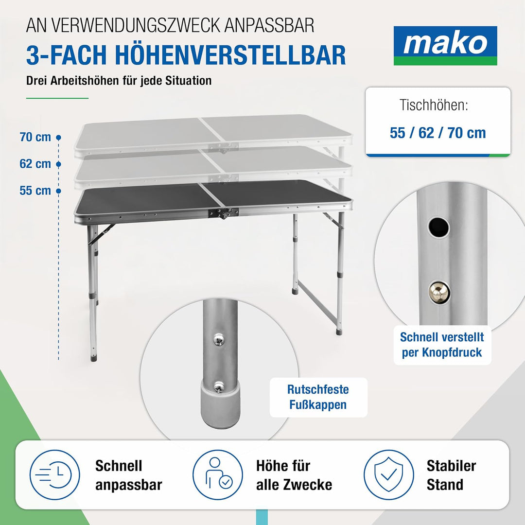 Faltbarer Campingtisch mit Klappfunktion – Stabiler Alu-Klapptisch mit 4 mm MDF-Platte – Höhenverste
