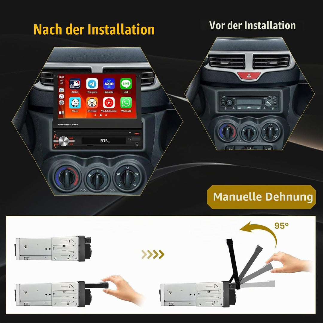 Hikity FM AM 1 Din Autoradio Wireless Carplay, Ausfahrbarem Bildschirm 7 Zoll Touchscreen mit Androi