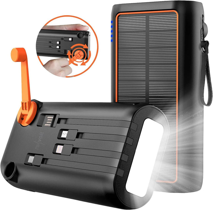 revolt Dynamo Solar Akkupack: Kurbel-Dynamo-Solar-Powerbank, 30.000 mAh, PD 20 W, Super Charge, LED
