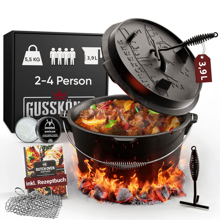 GUSSKÖNIG Dutch Oven Set [4.5L] - Eingebrannter Feuertopf mit praktischem Deckelheber und Füssen Top