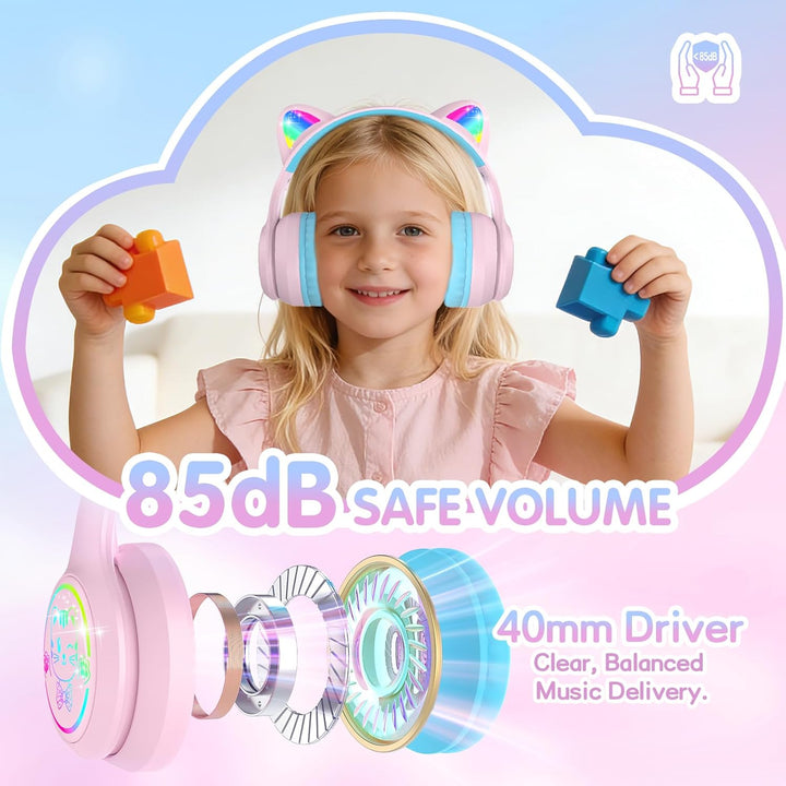 IFECCO Bluetooth Kopfhörer Kinder mit Mikrofon, Kinder Kabellos Kopfhörer mit Tasche, LED-Leuchten K