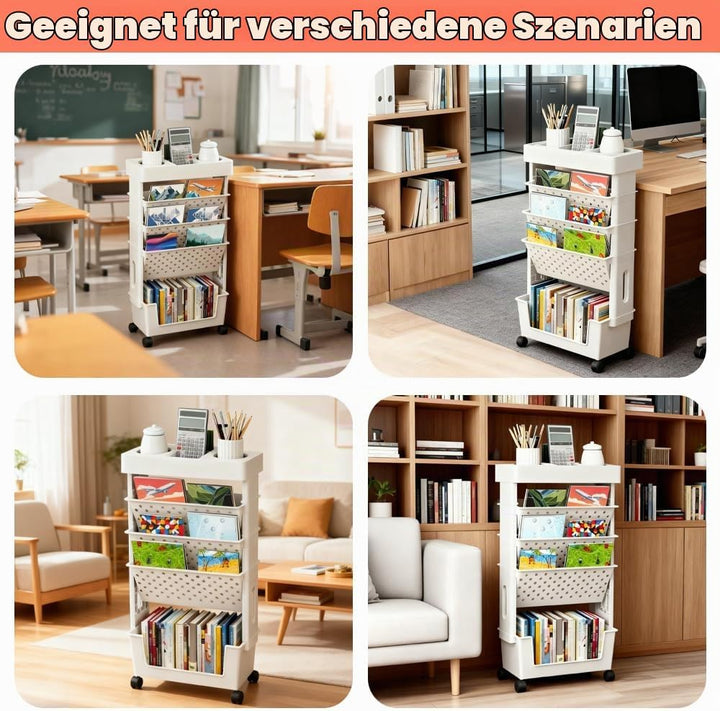 5 Ebenen Mobiler Bücherwagen Klein Bücherregal Kinder mit Rollen Bastelwagen Rollwagen schmal Bücher