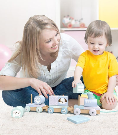 Holzzug für Kinder, Lokomotive Holz mit Würfel, Holzeisenbahn mit Bausteine, Spielzeug Eisenbahn aus