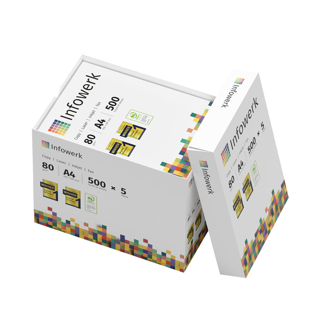 Infowerk Druckerpapier Kopierpapier 2500 Blatt 5 x 500 A4 80g Premium Weiss Testsieger PEFC