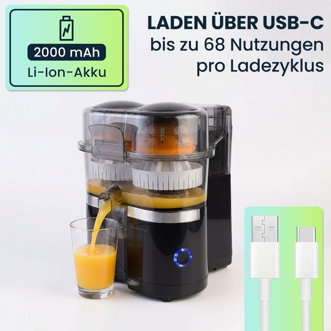 Kabelloser Akku Doppel-Entsafter 120W: Mobile USB-C Saftpresse & Zitruspresse | Effizient & Kompakt