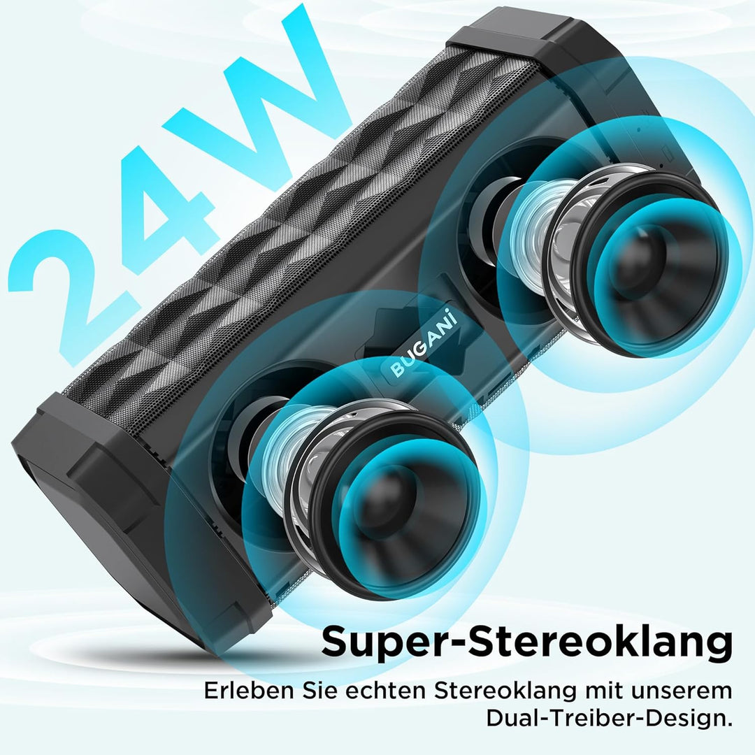 BUGANI Bluetooth Lautsprecher, Musikbox Bluetooth mit 5.4, 24H Stunden Akku, Bass-Treibern, IPX5 Was