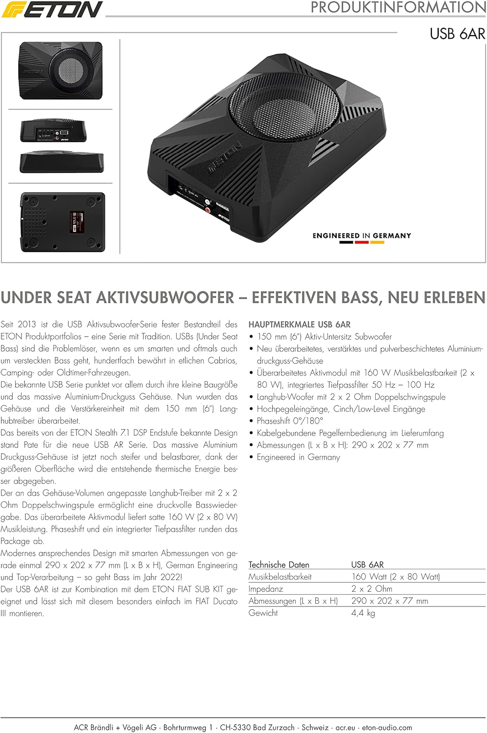 ETON USB 6AR – sehr kompakter 150 mm / 6 Zoll Untersitz Aktiv Subwoofer für PKWs und Reisemobile, le