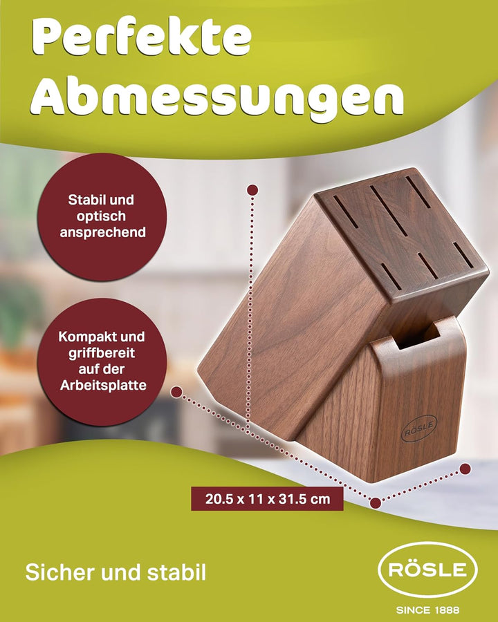 RÖSLE Messerblock Passion 7-tlg., Hochwertiger Messerblock aus Walnussholz mit 6 scharf geschliffene