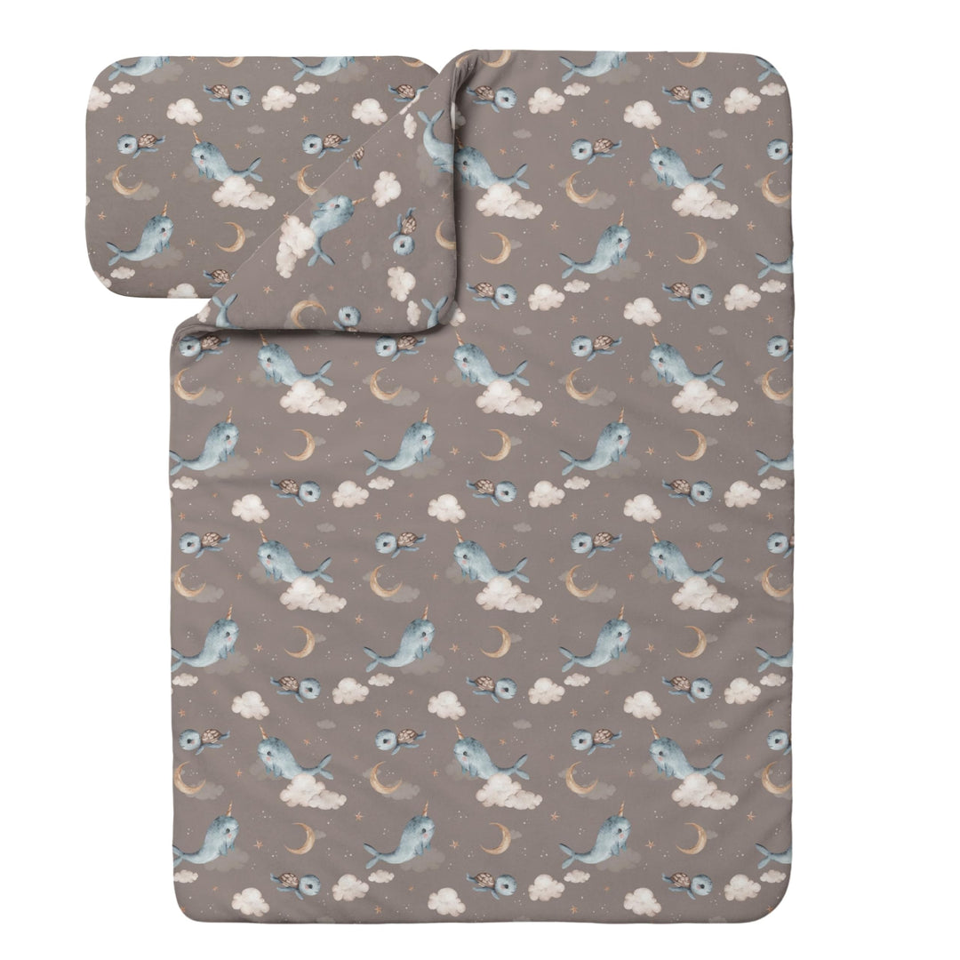 Waldin Baby Kinder Bettwäscheset 100% Bambus, ohne Bezug, Hypoallergen, Decke und Kissen, Wale/Braun